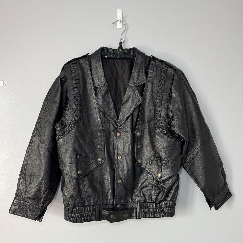 Sick Men’s Leather Vintage Black Leather Bomber Jacket Attached Vest Studded SzM